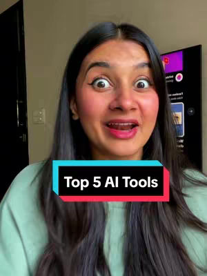 A woman with long black hair and wide eyes is in the foreground with the text "Top 5 AI Tools" in a colored box overlayed in front of her. A large television is in the background.