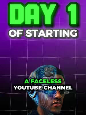 The cover image has text overlayed on a man’s face and upper chest. The words "DAY 1" are in large, green, glowing letters at the top, over a purple background with a faint grid pattern. Below that, the text "OF STARTING" is in white capital letters. Underneath the text is the face of a man wearing glasses and a head covering rendered in a futuristic, blue cybernetic style. The bottom text states "A FACELESS YOUTUBE CHANNEL" in white capital letters.