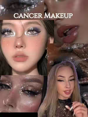 The cover image features a collage of close-up shots of makeup looks. The central image showcases a person with bold eye makeup and glossy lips. Surrounding this are other close-ups, including detailed eye makeup with glitter and sparkling effects. The overall composition is designed to highlight the makeup artistry and glamorous elements.