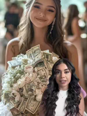 The image shows a young woman posing with a bouquet of flowers made of cash, with a second woman superimposed in the bottom right corner. The background is blurred, suggesting an event like a quinceañera or sweet sixteen celebration.