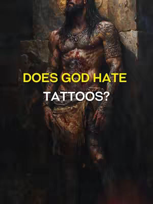 The image features a stylized depiction of a person, likely meant to be Jesus, with tattoos and a halo. The person is shirtless, with visible tattoos on their arms. The background is dark and indistinct. Text overlay in yellow and white states 'DOES GOD HATE TATTOOS?'