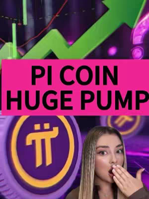 The cover image features a woman with outstretched hand with an open mouth, superimposed on a background of crypto-related graphics. Top shows the words "PI COIN HUGE PUMP" on a pink banner. Below is a Pi symbol, and a green upward trending arrow.  The overall composition is bold and visually engaging.