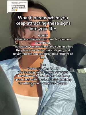 A selfie-style shot featuring a young woman in a car, with text overlays providing astrological insights. The woman is centered in the frame, with text layered over her and the background. She wears a light-colored top under a blue-striped shirt, with natural lighting illuminating her face from the front. The background suggests the interior of a vehicle.