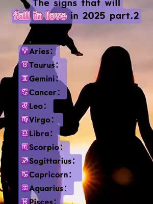 The image features a silhouette of a couple holding hands with a child being held over the shoulder of the one of them. A list of zodiac signs is displayed on the left side of the image, with a text overlay at the top. The background has a gradient of warm colors, likely a sunset or sunrise.