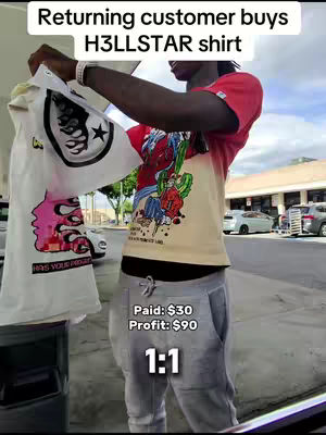 A person holds a shirt, with overlay text describing the purchase and profit. The background suggests an outdoor setting, possibly a parking area.