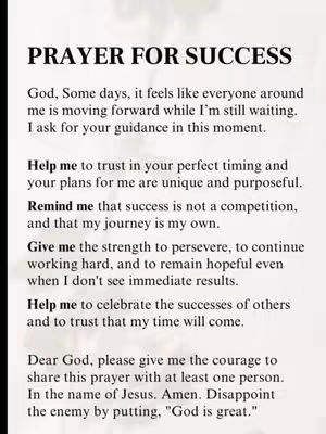 The image is a vertical graphic featuring a prayer titled 'PRAYER FOR SUCCESS' in bold, black, capitalized letters at the top. Below the title, a list of indented lines of text outlines a prayer with a black background. The overall layout is formal and the background is black.