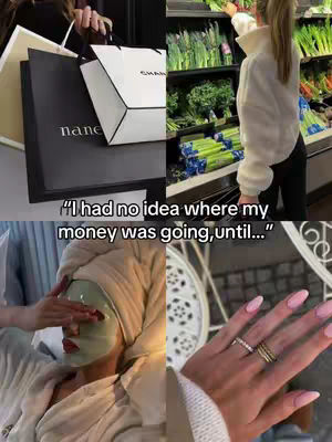 The image is a four-panel collage. The top left shows someone holding shopping bags from "Chanel" and "nane." The top right displays a person at a grocery store reaching for produce. The bottom left shows someone getting a face mask applied, and the bottom right shows manicured pink nails with rings. The top left and right appears to be brighter, with the bottom left and right appearing darker in comparison to the top. Text appears on the bottom of the image.