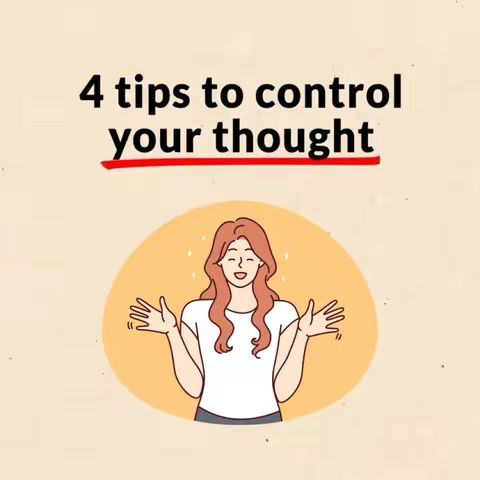 The cover image features an illustrated woman with reddish-brown hair, arms open in a gesture of openness or presentation, set against a peach-colored background. Above her, centered on the frame, the text reads "4 tips to control your thought", with the word "thought" underlined in red. Below the text, an orange circle frames the waist-up illustration of the woman. The overall composition is simple, clean, and visually balanced, inviting viewers to learn more.