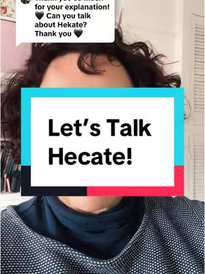 A selfie-style image with text overlay. The creator's face, from the nose up, is visible with dark, curly hair framing the face. Overlayed is a rectangular box in shades of turquoise, white, and red, containing the text 'Let's Talk Hecate!' in bold, black letters. A portion of a comment from the video creator is on the upper portion of the image.