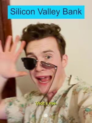 A man with short, dark hair is in front of a neutral-colored background. He wears sunglasses and a patterned shirt. He has a surprised expression, with his mouth open. A text overlay says 'Silicon Valley Bank'. Another text overlay says 'That's me.'