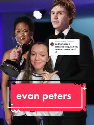 The cover image shows a woman pointing at the camera, surrounded by a woman holding an award and a man in a suit. Overlayed text reads "evan peters".