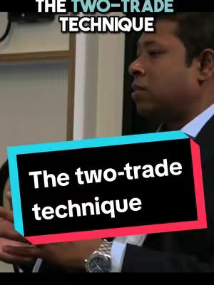 The image shows a man in a suit looking off-camera. A graphic overlay highlights the text 'The two-trade technique' in bold white letters against a black and blue backdrop. Above this, text in a different font reads 'THE TWO-TRADE TECHNIQUE'. The overall composition is focused and informative, likely related to trading or financial education.