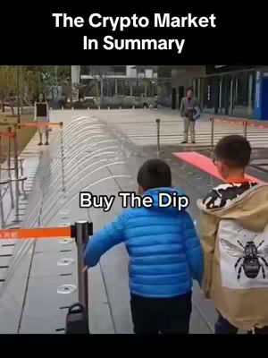 The image shows a scene with a person in a blue jacket seemingly running towards a barrier with the text overlay 'Buy The Dip'. Background includes other individuals and architectural structures, set in an outdoor environment.