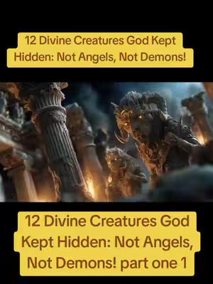 The cover image is a vertical video still containing text overlays and a background scene. The background appears to be a CGI rendering of a fantastical ancient ruin or temple, with large pillars and detailed architectural elements. Within this setting are several statuesque figures of divine creatures, with some glowing elements. The overall color palette is dark with gold and gray colours.