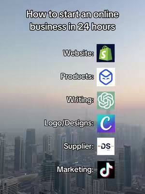 The image shows an urban skyline in the background with text and icons overlaid. The text at the top says, 'How to start an online business in 24 hours.' Below, it lists terms like 'Website,' 'Products,' 'Writing,' 'Logo/Designs,' 'Supplier,' and 'Marketing,' each paired with an icon representing a related service or platform.