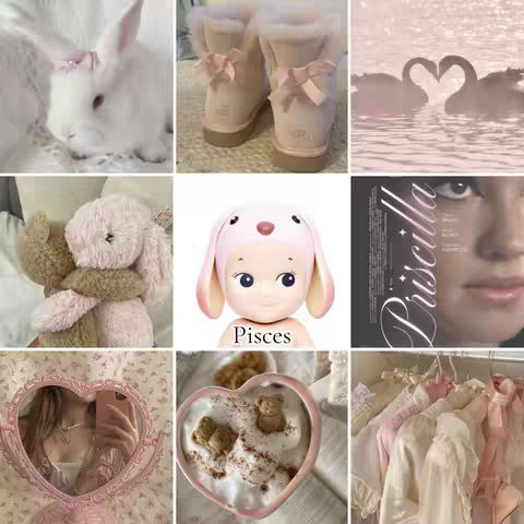 A collage-style image featuring various aesthetic elements. The layout is a grid with nine distinct sections, each showcasing a different visual. Included are images of a white bunny with a pink bow, pink UGG boots with bows, two swans forming a heart shape, a stuffed bunny clutching a teddy bear, a Sonny Angel figurine wearing a pink bunny hat, a close-up of a face with makeup alongside the word "Priscilla" in script, a heart-shaped mirror, a heart-shaped cappuccino topped with a teddy bear design, and a rack of layered, pale-colored clothing. The color scheme is primarily pink and pastel shades, lending a soft, dreamy quality to the overall aesthetic.