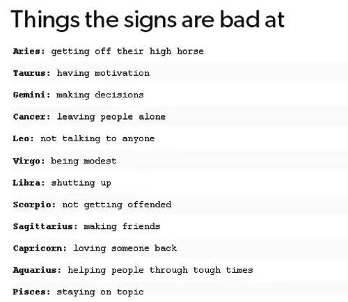 The cover image is a white background with black text. The text is formatted as a list titled 'Things the signs are bad at' followed by each zodiac sign and something they are bad at. The list is straight and formatted in an organized matter.
