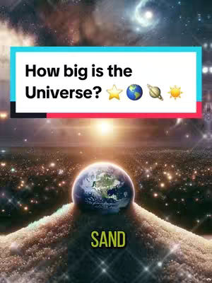 The cover image shows a cosmic scene with a galaxy background. In the foreground, a large pile of sand serves as a pedestal for a glowing blue planet Earth. The text overlay asks, “How big is the Universe?” above emojis like a star, planet, and sun. The word “SAND” appears across the base.
