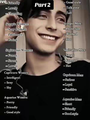 The cover image shows a young person, with a smiling face. The image has a list of different zodiac signs with corresponding traits for both women and men.