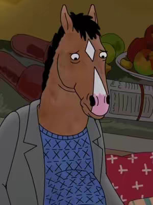 The cover image features BoJack Horseman looking melancholic. He's a brown horse with black hair and a white diamond on his forehead. BoJack is wearing a blue sweater and a grey blazer. The background is blurred, suggesting an interior setting.