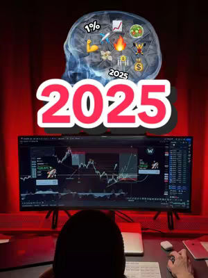 A person is sitting at a desk in front of a computer screen displaying stock charts. Above the screen, a stylized image of a brain is shown with various icons inside. The text '2025' is prominently displayed above the brain image. The background is dark red.
