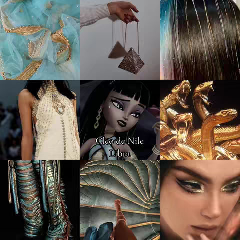 The cover image is a collage. The center square features a Monster High doll, Cleo de Nile, with her name and the word "Libra". Various images surround it, including a dress, handbag, fabric, snake imagery, and eyes. The color palette is a mix of gold, teal, and black.