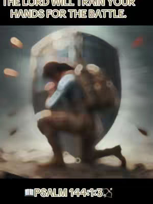 The image is a digital artwork depicting a figure kneeling on a sandy or desert-like ground. The figure is silhouetted within a glowing, shield-shaped aura. Above the figure, text reads, 'THE LORD WILL TRAIN YOUR HANDS FOR THE BATTLE.' The overall palette is warm, with earth tones predominating the background, and the figure. The composition is centered, with the figure as the primary focus, designed to convey a message of resilience and spiritual warfare.