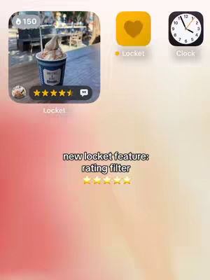 The cover image features a mobile screen with the Locket app open, displaying app features. A cup of ice cream with toppings is superimposed on the screen, complemented by ratings in stars.