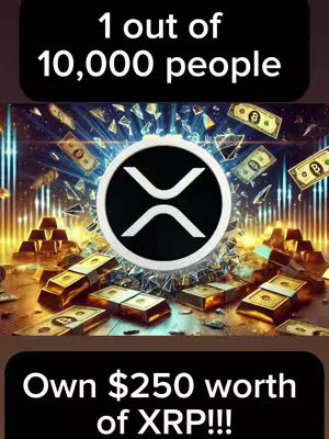 The cover image is a digitally created graphic with a dark background. Two rectangular spaces, one at the top and one at the bottom, contain text. The central focus is a circular logo with the XRP symbol over a backdrop of shattered glass, with various denominations of money floating around and gold bars on display.