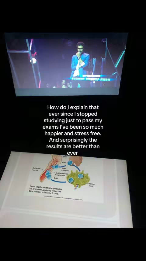 The cover image displays a science-themed diagram on a white surface in the foreground, and a projection of a stage scene with a man speaking into a microphone in the background. Text appears in white font, describing the creator's experience related to exams and well-being.