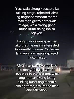 The image is a nighttime shot featuring text overlayed on a background that appears to be a road at night with lights visible in the distance. The text is written in Filipino and is densely packed, creating a wall of words.