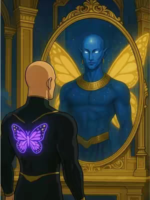 An artistic illustration shows a man from behind gazing into a mirror. The mirror reflects a humanoid figure with blue skin, golden butterfly wings, and a regal golden collar. The background suggests an ornate palace setting with decorative details. The person in front of the mirror has a dark outfit with a purple butterfly design on the back.