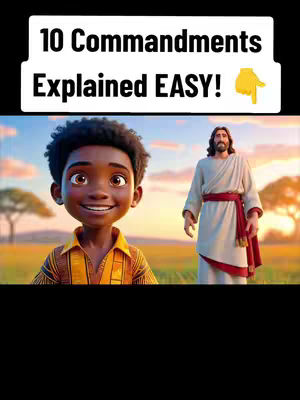 The cover image shows a cartoon scene of a boy and Jesus standing in a field, with text overlayed at the top that reads "10 Commandments Explained EASY!". The boy, positioned on the left, has a cheerful expression and is wearing a yellow collared shirt. Jesus, on the right, is depicted in traditional robes, with a red sash. A pointing yellow finger appears on the overlay.