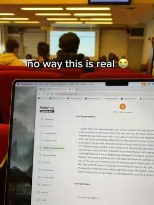 A college lecture hall is shown in the background, with a laptop in the foreground. The laptop screen displays a website, likely a transcription service, with text and a live summary visible. The image is framed from a low angle, focusing on the laptop and the content displayed.