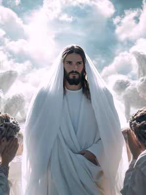 A depiction of Jesus standing amidst clouds and followers. Jesus is the central figure, dressed in a white robe and draped with a white cloth. He has long hair and a beard. The background features a blue sky with fluffy white clouds and figures in white robes surrounding Jesus. The composition is bright and heavenly.