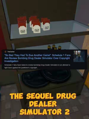 The cover image shows a 3D-rendered setting with shelves and what appears to be boxes of cigarettes. The bottom of the image has large text in a stylized font that reads "THE SEQUEL DRUG DEALER SIMULATOR 2". Overlayed is a screenshot of a news article, with text and a profile picture to the right of the article text.