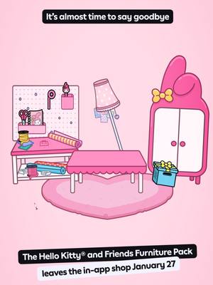 An illustration in a pink theme showing a room with Hello Kitty themed furniture. The scene includes a cabinet shaped like Hello Kitty's head, a table, a pink heart-shaped rug, a work area with a pegboard and desk, and other Hello Kitty themed items.