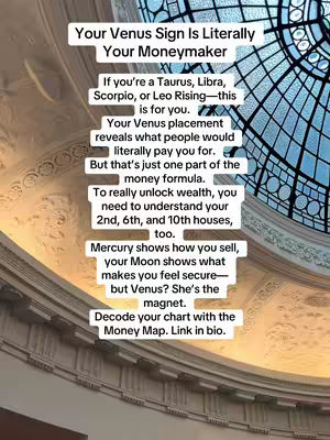 The cover image shows a vertical layout with architectural details at the bottom, transitioning to a portion of a stained-glass window in the top right. Text in white boxes overlays the image, which presents information about Venus signs and their relationship to money-making potential.