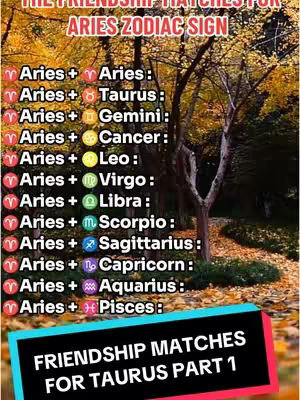 The image presents a colorful autumn scene featuring various zodiac signs alongside text explaining Aries friendship matches. It has a central tree trunk and a background of orange trees. The foreground has a black banner-like rectangle with white text.