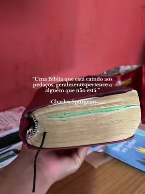 A close-up shot features a well-worn Bible held in a hand. The Bible is open; its pages are yellowed and show wear, with a green marker highlighting the edge. On the cover, text is added with a quote.