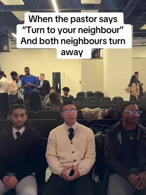 The cover image depicts a scene inside a church or similar venue. Three young men sit in the foreground, facing forward with serious expressions. Above them, overlaid text in a white rectangle humorously describes a common social situation.