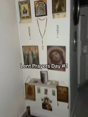 The cover image shows a wall with religious icons, pictures, and rosaries. Prominently displayed is a text overlay: "Lent Prayers Day #1"