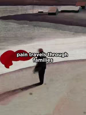 An artistic image with an abstract, painted aesthetic. A person with a dark coat and black pants stands away from the camera, walking along a gray-white plane. A large, rounded red shape seemingly floats behind them like a scarf or vapor. In the upper right, there are three simplified, dark-roofed structures. The superimposed text reads, "pain travels through families."