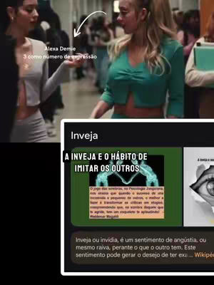 The image is a multimedia collage featuring two young women, with text overlays and a display of information related to astrology and envy. The women are positioned in a casual setting, possibly a hallway in a school or public space, with soft natural lighting. To the right, a woman in a green top gestures subtly, while the other woman in a grey top points to her. The main panel is a structured information presentation using layered panels. The top panel contains the word 'Inveja,' with a secondary panel displaying an image and associated texts. The image in the secondary panel contains two stick figures facing each other with a body of water in between, suggesting a psychological approach to understanding this concept. The text is overlaid using a bold, readable font, with an emphasis on clarity. The overall tone is informative with an air of intrigue.