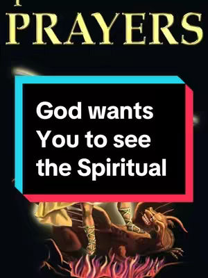 The image features a central text element framed by a teal and red rectangle against a backdrop of a dark, dramatic scene with religious undertones. The top part of the image says "PRAYERS" in gold letters. The lower part depicts a figure, presumably an angel, stepping on a dragon. The overall composition has a spiritual and slightly ominous feel.