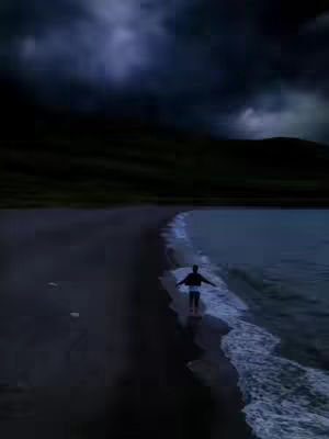 A lone figure stands on a narrow strip of land, possibly a beach or a sandbar, with arms outstretched towards the sea. The water on either side gives the impression of walking on water. The sky above is ominous, with dark, stormy clouds that suggest a sense of foreboding or drama. The overall color palette is dark and moody, with blues and greens, emphasizing the atmosphere of the scene.