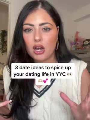 A woman with dark hair and brown eyes, wearing a white vest and a black and white striped undershirt, looks towards the camera in an open-mouthed expression. Overlayed on the image is a white box containing text about date ideas surrounded by decorative icons.