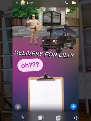 The image features a layered composition with a delivery theme. The background shows a house with a gate and some trees. A delivery truck is in the middle, and a man in a uniform is holding a box. Overlaid pink oval with text that says 'oh???'. Below this is a clipboard.