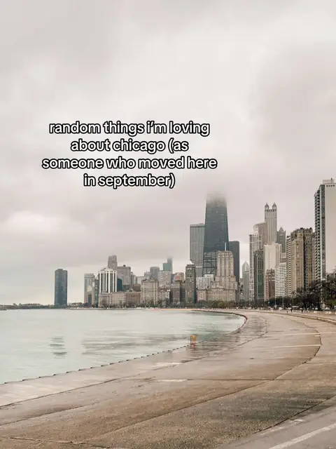 The cover image shows a cityscape, likely Chicago, with the skyline visible against an overcast sky. A body of water, possibly Lake Michigan, is in the foreground with a paved area. The text overlay indicates the video content relates to what the content creator loves about Chicago after moving there.