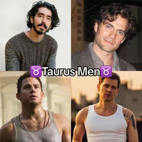 The cover image is a four-panel collage featuring images of various men. In the center, the text 'Taurus Men' is overlaid, with purple Taurus zodiac symbols on either side. The overall layout is square, with each image of a man in a different pose and setting, some appearing in casual wear.